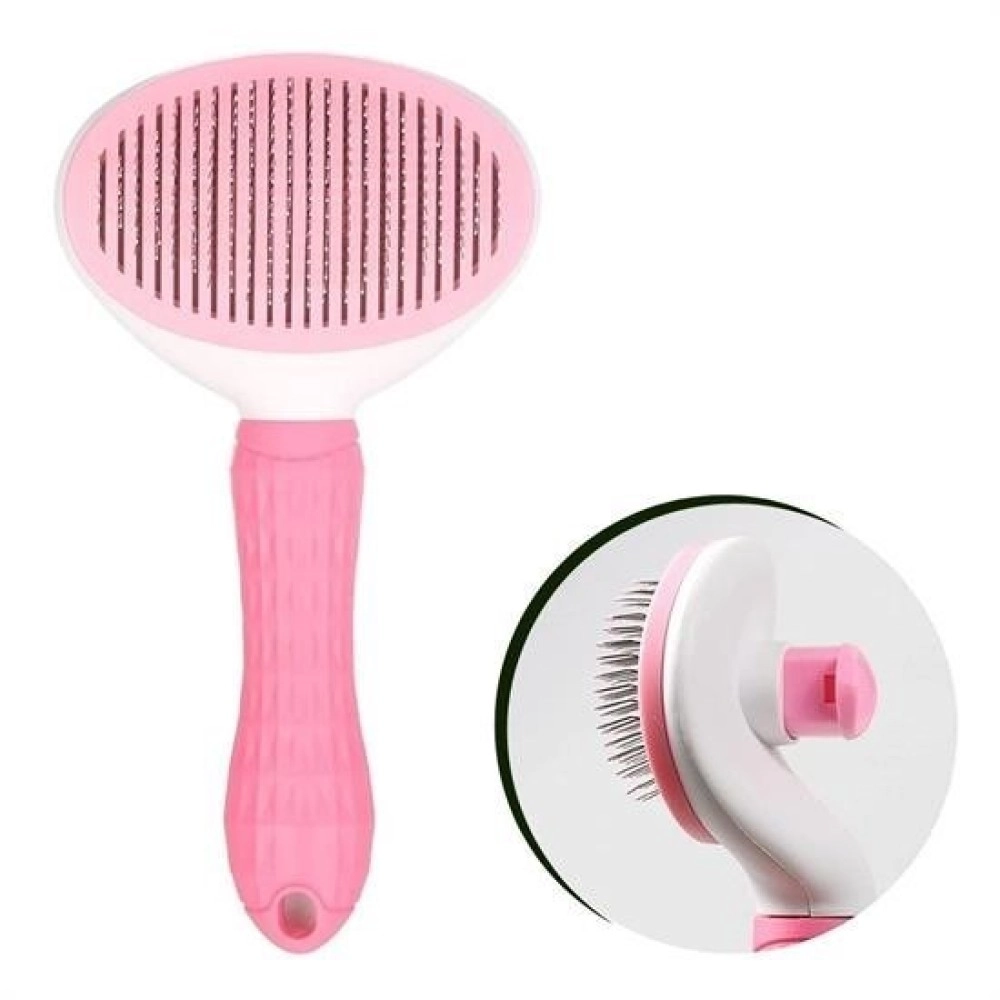 NM Store® Kedi Köpek Tüy Toplayıcı Kendini Temizleyebilen Ergonomik Saplı Evcil Hayvan Tarağı Pembe