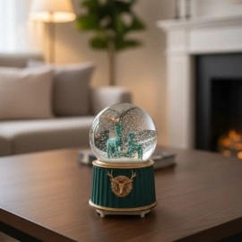 Pilli Işıklı Müzikli Kar Küresi–İki Geyikli Yeşil Figürlü Eğlenceli Masaüstü Biblo, LED Aydınlatmalı Dekoratif Hediyelik Kar Küresi