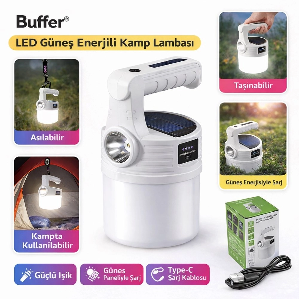 NM Store® LED Güneş Enerjili Kamp Lambası–2000 Lümen Süper Parlak, 5 Aydınlatma Modlu,USB ile Şarj Edilebilir Dış Mekan,Asılabilir Torch El Feneri