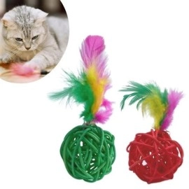 NM Store® 2li Rattan Renkli Peluş Tüy Kedi Köpek Oyuncak Yakalama Çiğneme Çıngıraklı Top Oyuncağı