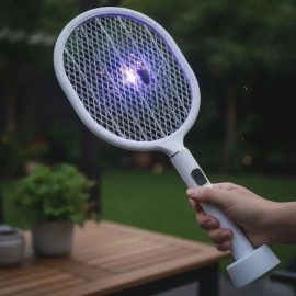 NM Store® USB Şarjlı Beyaz Renk Kendiliğinden Standlı Şarj Göstergeli UV Işıklı Sinek Öldürme Raketi LTD-718