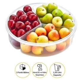 NM Store® 3 Bölmeli Sızdırmaz Contalı Kilitli Kapaklı 1,35 Litre yuvarlak Erzak Saklama Kabı LC-500