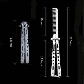 NM Store® Gri Katlanabilir Paslanmaz Çelik Kelebek Bıçak Tarak Sakal Bıyık Fırçası Profesyonel Saç Kesimi İçin Tarak