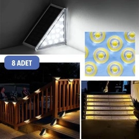 NM Store® 8 Adet Üçgen  Güneş Enerjisi ile Şarj Olan Dış Mekan Solar Basamak Köşe Lambası