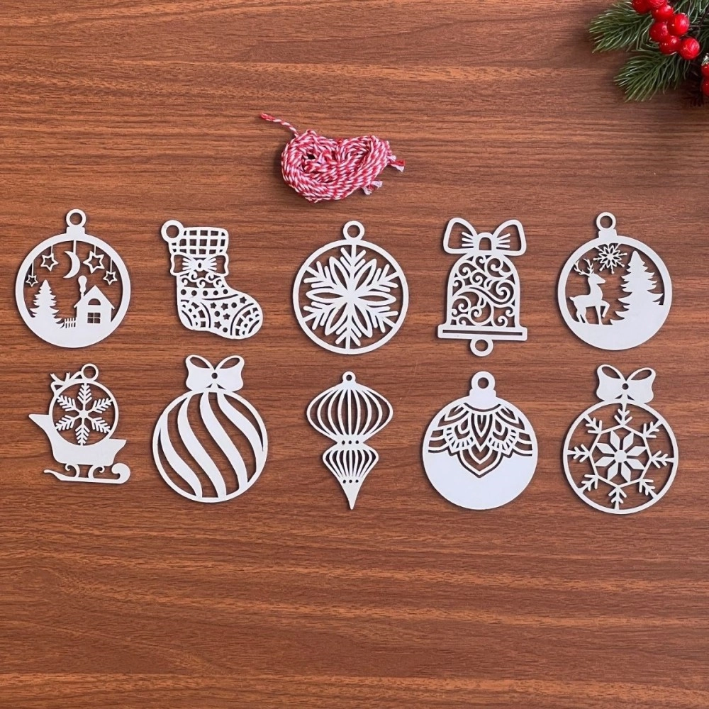 NM Store® 10 Parça Kırmızı Beyaz İpli Karışık Model Ahşap Yılbaşı Ağaç Süsü