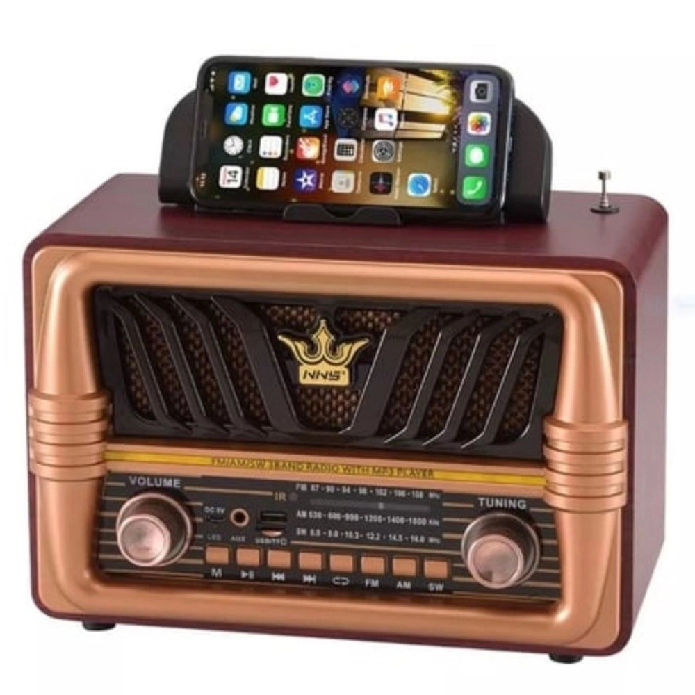 NM Store® Büyük Boy Telefon Tutma Saplı Retro Ahşap Tasarım Bluetooth Hoparlörlü Radyo – FM/AM Destekli, Şarjlı ve Taşınabilir Radyo NS-8077