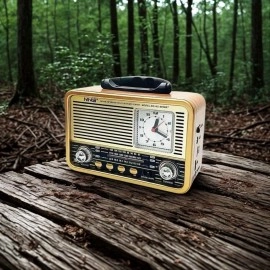 NM Store® Orta Boy Saat Göstergeli Retro Ahşap Tasarım Bluetooth Hoparlörlü Radyo – FM/AM Destekli, Şarjlı ve Taşınabilir Radyo NS-8898