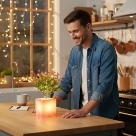 Işıklı Yapay Çiçek –Pembe Saksılı LED Dekoratif Bitki, Masaüstü ve Ev Ofis Aydınlatmalı Süs Bitkisi