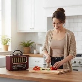 NM Store® Orta Boy Retro Ahşap Tasarım Bluetooth Hoparlörlü Radyo – FM/AM Destekli, Şarjlı ve Taşınabiliri Radyo NS-6636