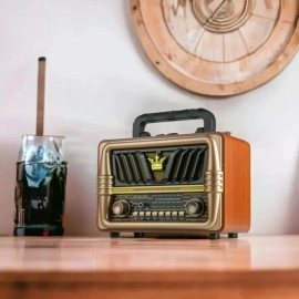 NM Store® Büyük Boy Telefon Tutma Saplı Retro Ahşap Tasarım Bluetooth Hoparlörlü Radyo – FM/AM Destekli, Şarjlı ve Taşınabilir Radyo NS-8077