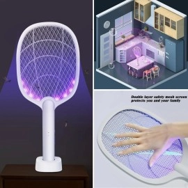 NM Store® Şarjlı Sinek Öldürücü Masaüstü Standlı,Mor Işık Sinek Kovucu Raket 5w