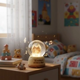 Pilli Işıklı Müzikli Kar Küresi–Sevimli Ayıcık Figürlü Eğlenceli Masaüstü Biblo, LED Aydınlatmalı Dekoratif Hediyelik Kar Küresi