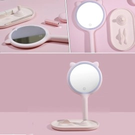 NM Store® Kedi Kulaklı Telefon Standlı Yuvarlak Dokunmatik Led Ayarlı Masa Üstü Makyaj Aynası