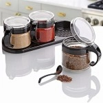 NM Store® Siyah 3lü Standlı Kapaklı Kaşıklı Cam Hava Sızdırmaz Baharatlık Takımı KC-386