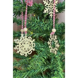 NM Store® Pilli Peri Ledli 6 Parça Kırmızı Beyaz İpli Kar Tanesi Model Ahşap Yılbaşı Ağaç Süsü