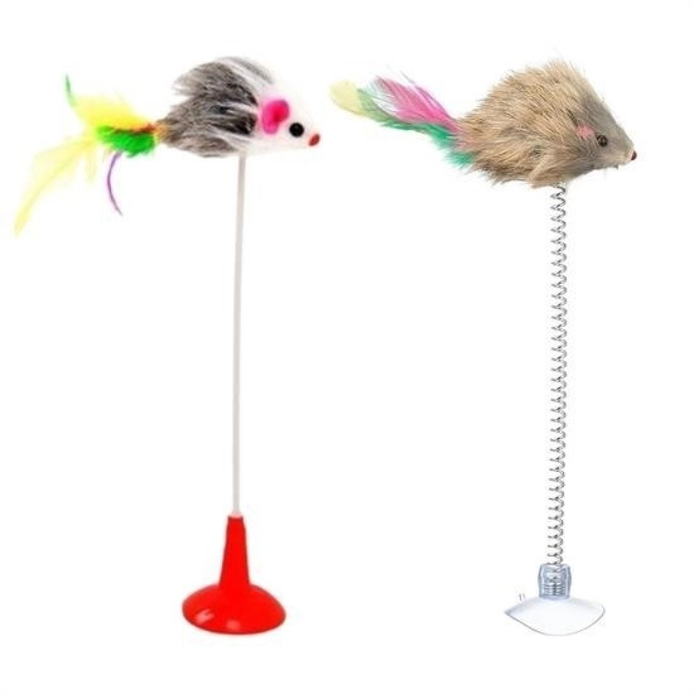 NM Store® 2li Vantuzlu Fareli Tüylü Hareketli Çanlı ve Esneyen Eğlenceli Peluş Kedi Oyuncağı