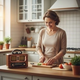 NM Store® Büyük Boy Retro, Nostaljik, Ahşap Tasarım Bluetooth Hoparlörlü, Şarjlı, Taşınabilir FM/AM Destekli Radyo NS-6635