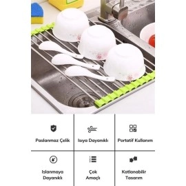 NM Store® Evye Üstü Katlanır Nihale Paslanmaz Çelik Pratik Sebze Meyve Bulaşık Kurutma Süzgeci