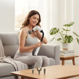 NM Store® 4 Farklı Başlıklı Uzun Saplı Derin Doku Masaj Tabancası, Boyun, Omuz ve Sırt için Ergonomik Saplı Çoklu Masaj Modlu Taşınabilir Masaj Aleti