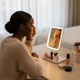 NM Store® Dokunmatik LED Işıklı Kare Makyaj Aynası – Altı Organizer Kaseli, Ayarlanabilir Aydınlatmalı Masaüstü Makyaj ve Cilt Bakım Aynası