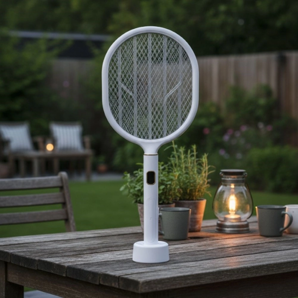 NM Store® USB Şarjlı Beyaz Renk Kendiliğinden Standlı Şarj Göstergeli UV Işıklı Sinek Öldürme Raketi LTD-718