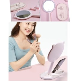 NM Store® Kedi Kulaklı Telefon Standlı Yuvarlak Dokunmatik Led Ayarlı Masa Üstü Makyaj Aynası