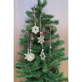 NM Store® Pilli Peri Ledli 6 Parça Kırmızı Beyaz İpli Kar Tanesi Model Ahşap Yılbaşı Ağaç Süsü