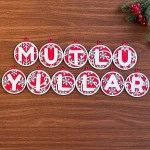 NM Store® 11 Harfli Kırmızı Beyaz İpli MUTLU YILLAR Yazılı Ahşap Yılbaşı Ağaç Süsü