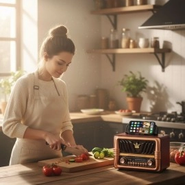 NM Store® Büyük Boy Telefon Tutma Saplı Retro Ahşap Tasarım Bluetooth Hoparlörlü Radyo – FM/AM Destekli, Şarjlı ve Taşınabilir Radyo NS-8077