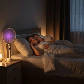 NM Store® USB Şarjlı Beyaz Renk Kendiliğinden Standlı Şarj Göstergeli UV Işıklı Sinek Öldürme Raketi LTD-718