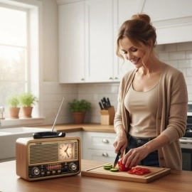 NM Store® Orta Boy Saat Göstergeli Retro Ahşap Tasarım Bluetooth Hoparlörlü Radyo – FM/AM Destekli, Şarjlı ve Taşınabilir Radyo NS-8898