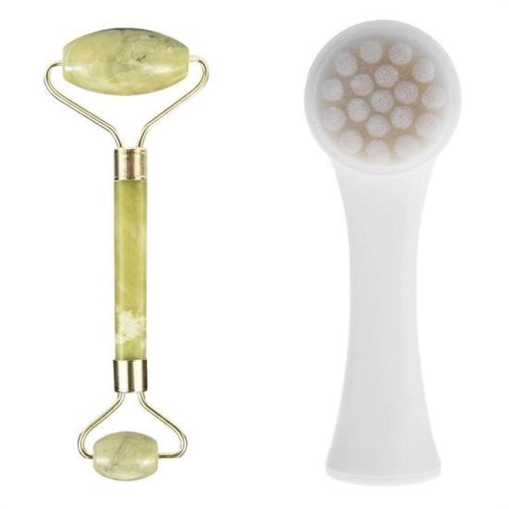 NM Store® 2li Set Çift Taraflı Cilt Temizleme Fırçası ve Yeşim Taşı Çift Taraflı Cilt Masaj Aleti