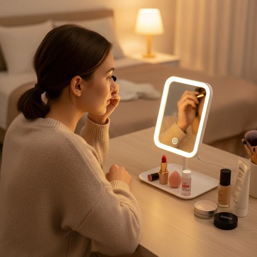 NM Store® Dokunmatik LED Işıklı Kare Makyaj Aynası – Altı Organizer Kaseli, Ayarlanabilir Aydınlatmalı Masaüstü Makyaj ve Cilt Bakım Aynası