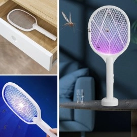 NM Store® Şarjlı Sinek Öldürücü Masaüstü Standlı,Mor Işık Sinek Kovucu Raket 5w