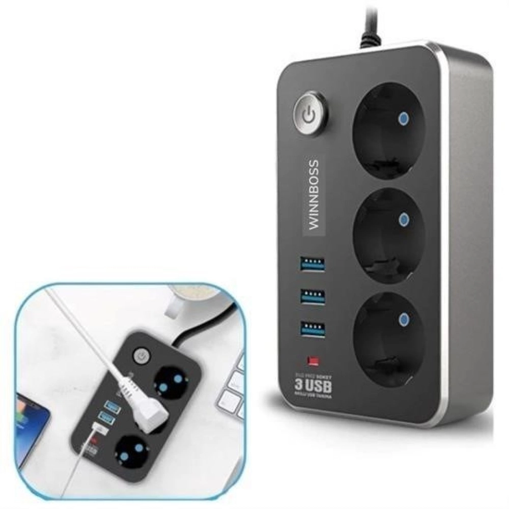 NM Store® Isıya Dayanıklı Termal Akım Korumalı 2 Mt 10A 2500W 3lü Priz ve 3 Usbi 21A Uzatma Kablosu