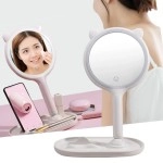 NM Store® Kedi Kulaklı Telefon Standlı Yuvarlak Dokunmatik Led Ayarlı Masa Üstü Makyaj Aynası