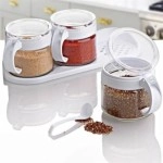 NM Store® Beyaz 3lü Standlı Kapaklı Kaşıklı Cam Hava Sızdırmaz Baharatlık Takımı KC-386
