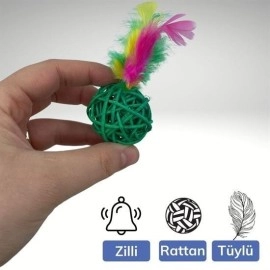NM Store® 2li Rattan Renkli Peluş Tüy Kedi Köpek Oyuncak Yakalama Çiğneme Çıngıraklı Top Oyuncağı