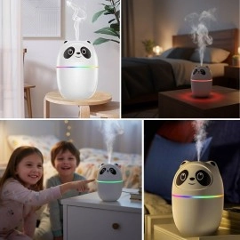Sevimli Panda Figürlü Hava Nemlendirici – Ultrasonik Soğuk Buhar Makinesi, LED Işıklı Masaüstü Oda Nemlendirici