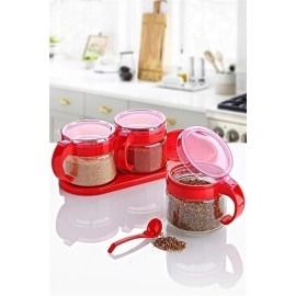NM Store®  Kırmızı 3lü Standlı Kapaklı Kaşıklı Cam Hava Sızdırmaz Baharatlık Takımı  KC-386