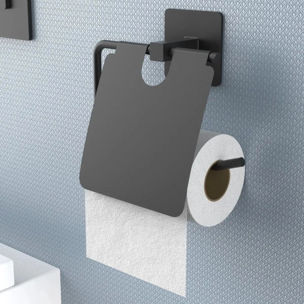 NM Store® Kendiliğinden Yapışkanlı Siyah Paslanmaz Metal Kapaklı Tuvalet Kağıtlığı Aparatı