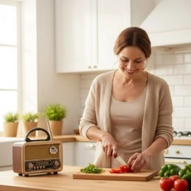 NM Store® Orta  Boy Retro, Nostaljik, Ahşap Tasarım Bluetooth Hoparlörlü, Şarjlı, Taşınabilir FM/AM Destekli Radyo NS-8110