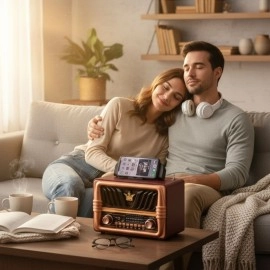 NM Store® Büyük Boy Telefon Tutma Saplı Retro Ahşap Tasarım Bluetooth Hoparlörlü Radyo – FM/AM Destekli, Şarjlı ve Taşınabilir Radyo NS-8077