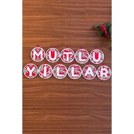 NM Store® 11 Harfli Kırmızı Beyaz İpli MUTLU YILLAR Yazılı Ahşap Yılbaşı Ağaç Süsü
