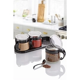 NM Store® Siyah 3lü Standlı Kapaklı Kaşıklı Cam Hava Sızdırmaz Baharatlık Takımı KC-386