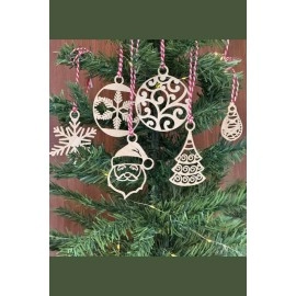 NM Store® 6 Parça Kırmızı Beyaz İpli Noel Babalı ve Kar Tanesi Model Ahşap Yılbaşı Ağaç Süsü