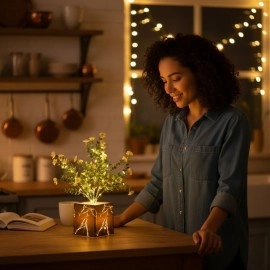 Işıklı Yapay Çiçek –Siyah Saksılı LED Dekoratif Bitki, Masaüstü ve Ev Ofis Aydınlatmalı Süs Bitkisi