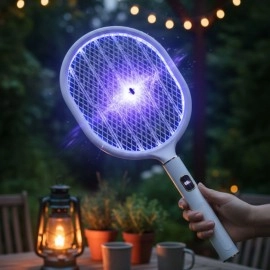 NM Store® USB Şarjlı Beyaz Renk Kendiliğinden Standlı Şarj Göstergeli UV Işıklı Sinek Öldürme Raketi LTD-718