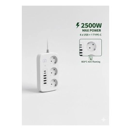 2500W Çoklu Priz 2 METRE – 3’lü AC Priz +5 USB Çıkışı AKIM KORUMALI Alev Almayan Gövde,