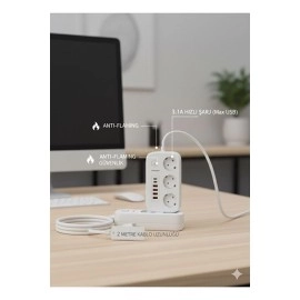 2500W Çoklu Priz 2 METRE – 3’lü AC Priz +5 USB Çıkışı AKIM KORUMALI Alev Almayan Gövde,